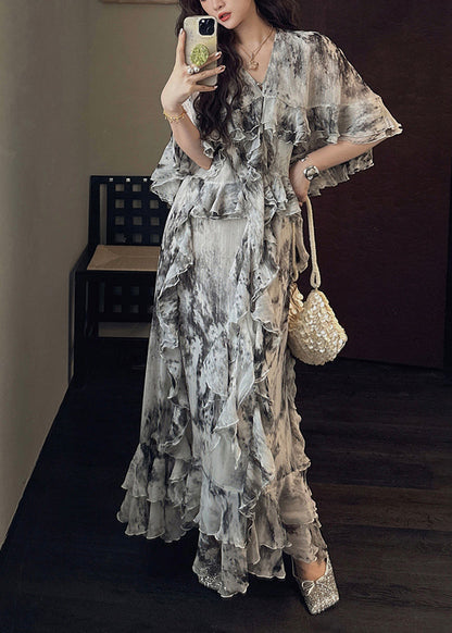Green Tie Dye Ruffled Patchwork Silk Ankle Dress Summer