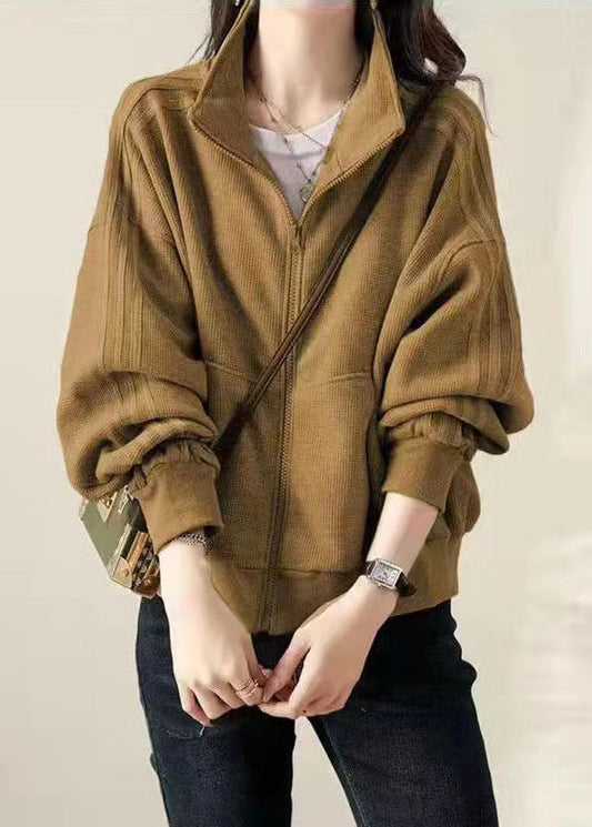 Khaki Zip Up Pockets Patchwork Cotton Coat Fall