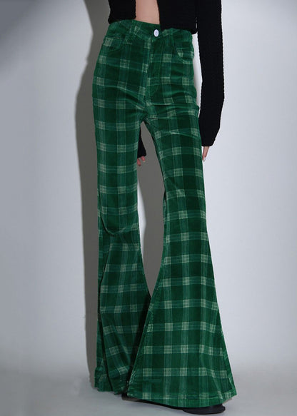 Green Plaid Pockets Corduroy Flare Bottoms Spring
