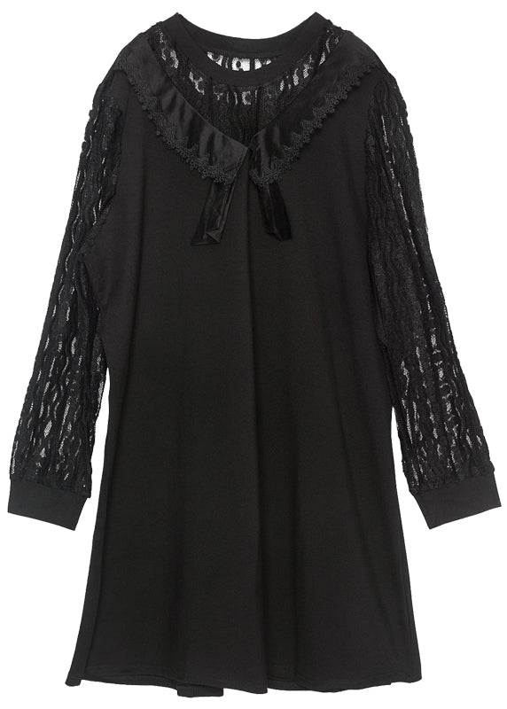 Black Oversized Lace Patchwork Hollow Out Spandex Dress Spring