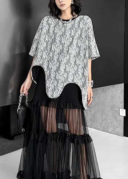 French O Neck Asymmetrical Design Lace T Shirt Tops Summer