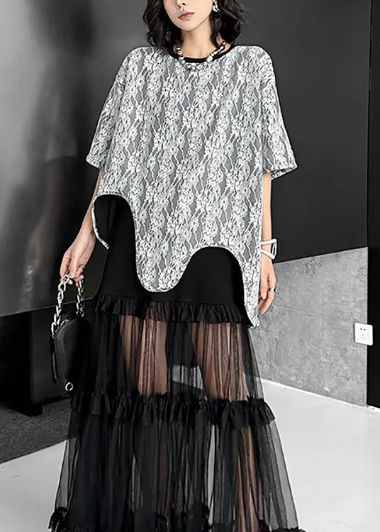 French O Neck Asymmetrical Design Lace T Shirt Tops Summer