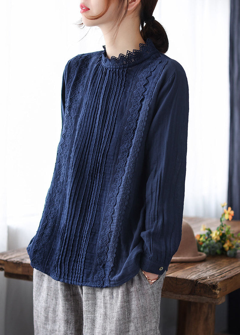 Boutique Navy Lace Patchwork Cotton Top Spring