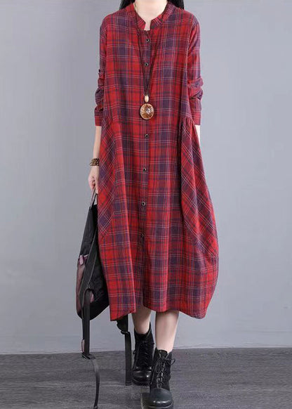 Red Stand Collar Plaid Cotton Shirts Dresses Fall