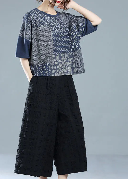 Navy O-neck Patchwork Print Cotton Tanks Half Sleeve