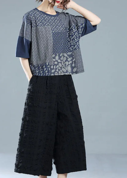 Navy O-neck Patchwork Print Cotton Tanks Half Sleeve