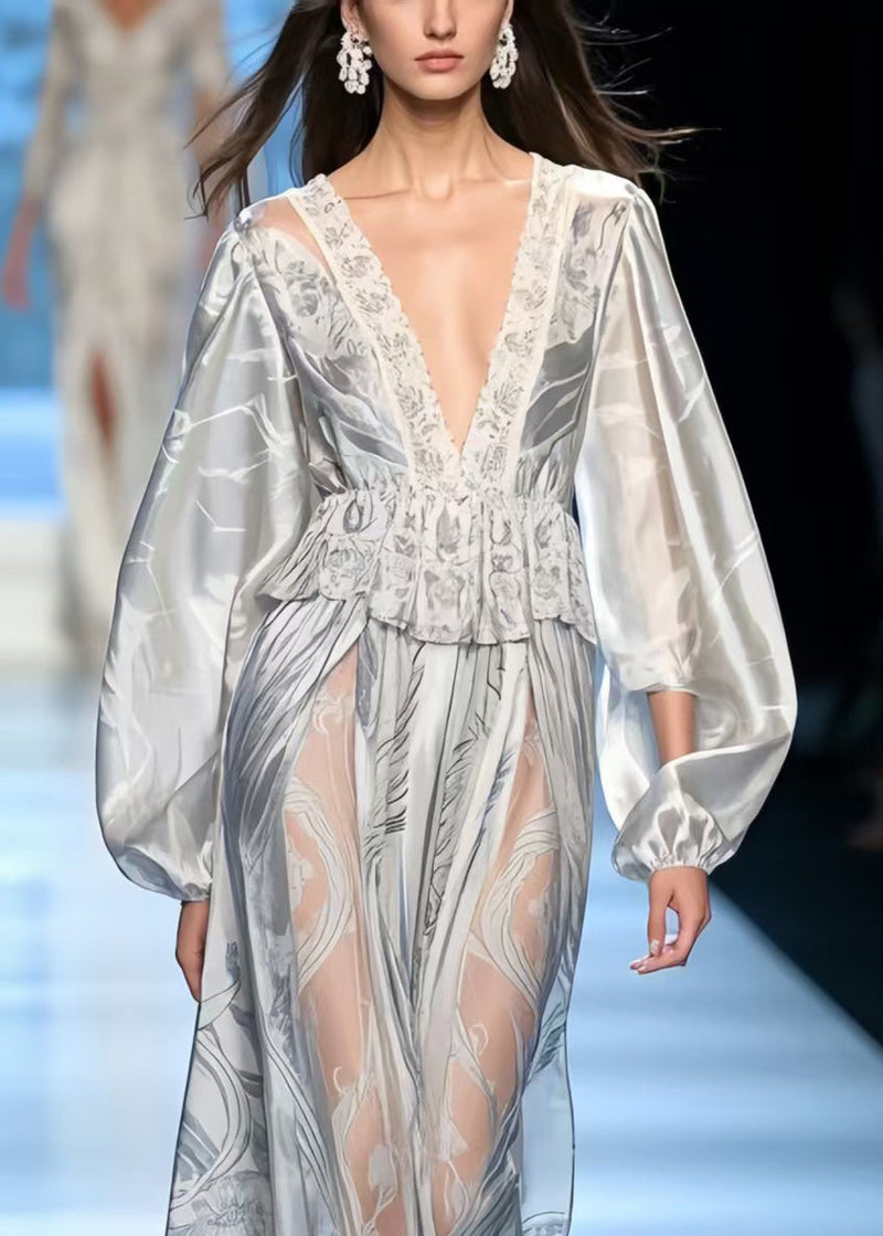 Boutique Grey Ruffled Print Silk Vacation Dresses Spring