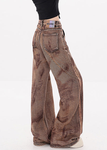 Camel Tie Dye Pockets High Waist Denim Pants Fall