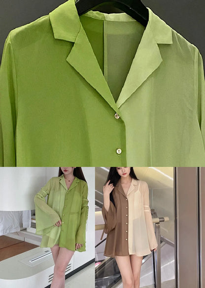 Diy Green Notched Patchwork Chiffon Shirt Spring