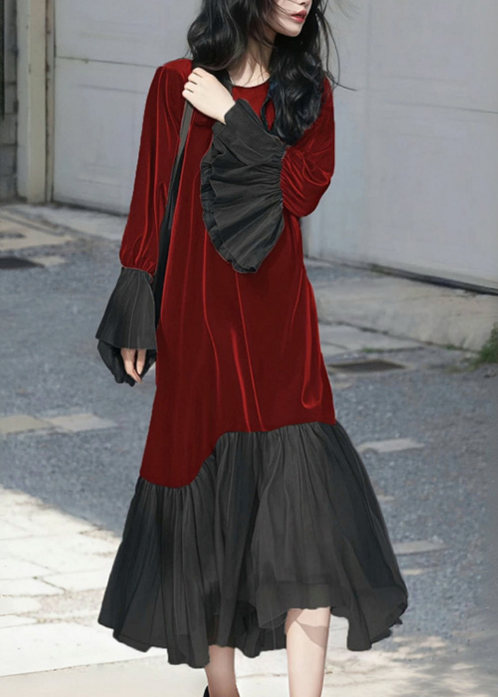 French Red O-neck Patchwork Silk Velvet Long Dress Flare Sleeve Fall