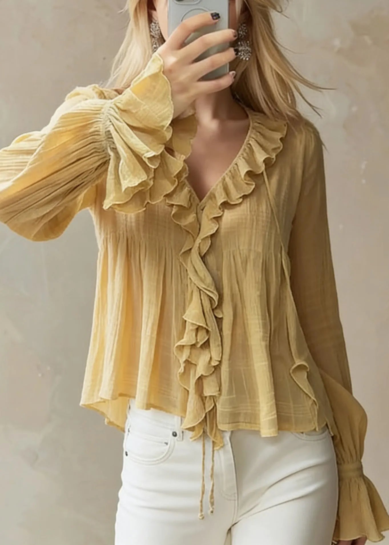 Original Design Yellow Ruffled Lace Up Cotton Blouse Flare Sleeve