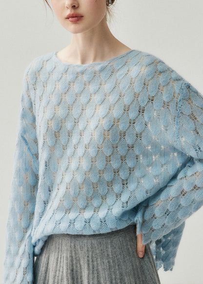 Light Blue Slash Neck Hollow Out Cotton Knit Sweater Fall