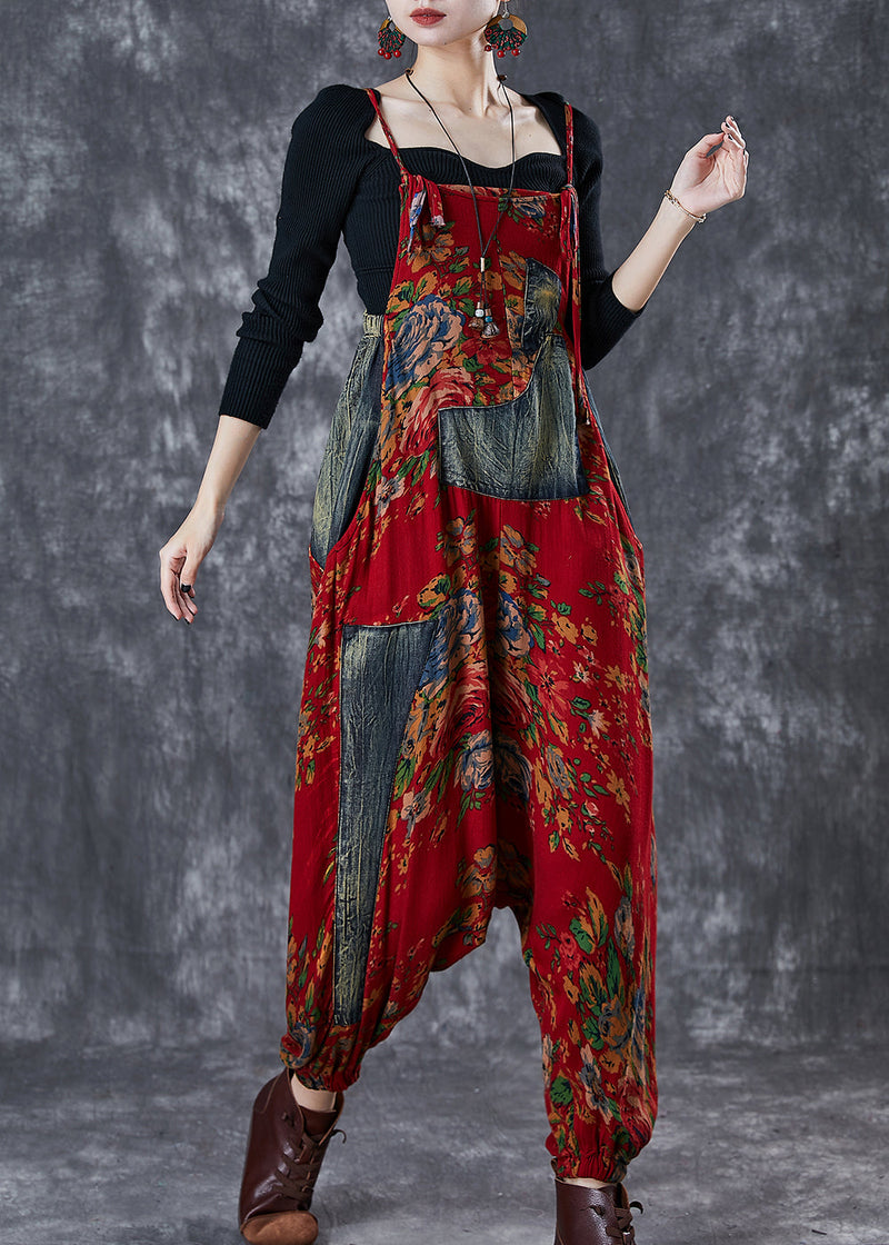 Red Asymmetrical Patchwork Cotton Overalls Jumpsuit Summer