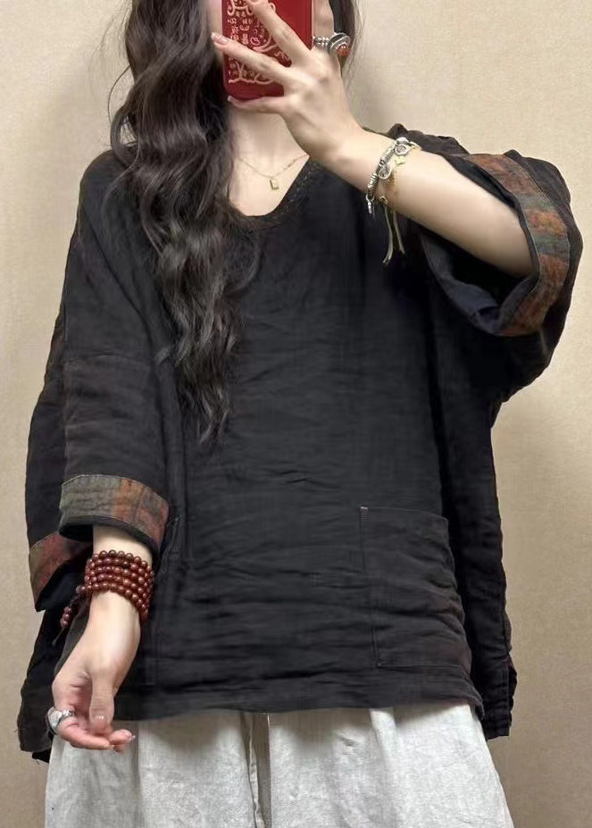 Black Pockets Linen Top Bracelet Sleeve