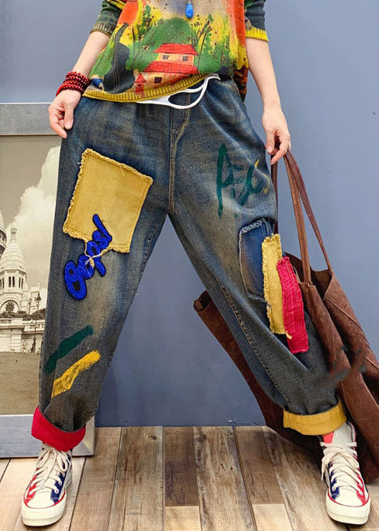 Handmade Blue Patch Applique Denim Pants Spring