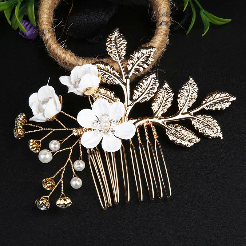 Golden Leaf Flower Pearl Chinese Hairpin Set - 4pcs Comb