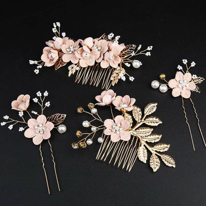 Golden Leaf Flower Pearl Chinese Hairpin Set - 4pcs Comb