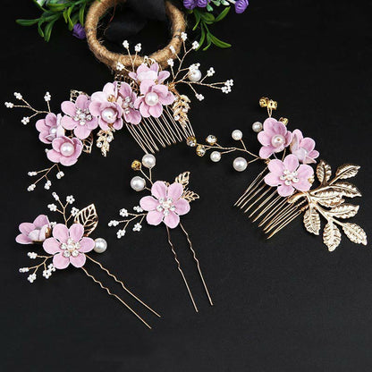Golden Leaf Flower Pearl Chinese Hairpin Set - 4pcs Comb
