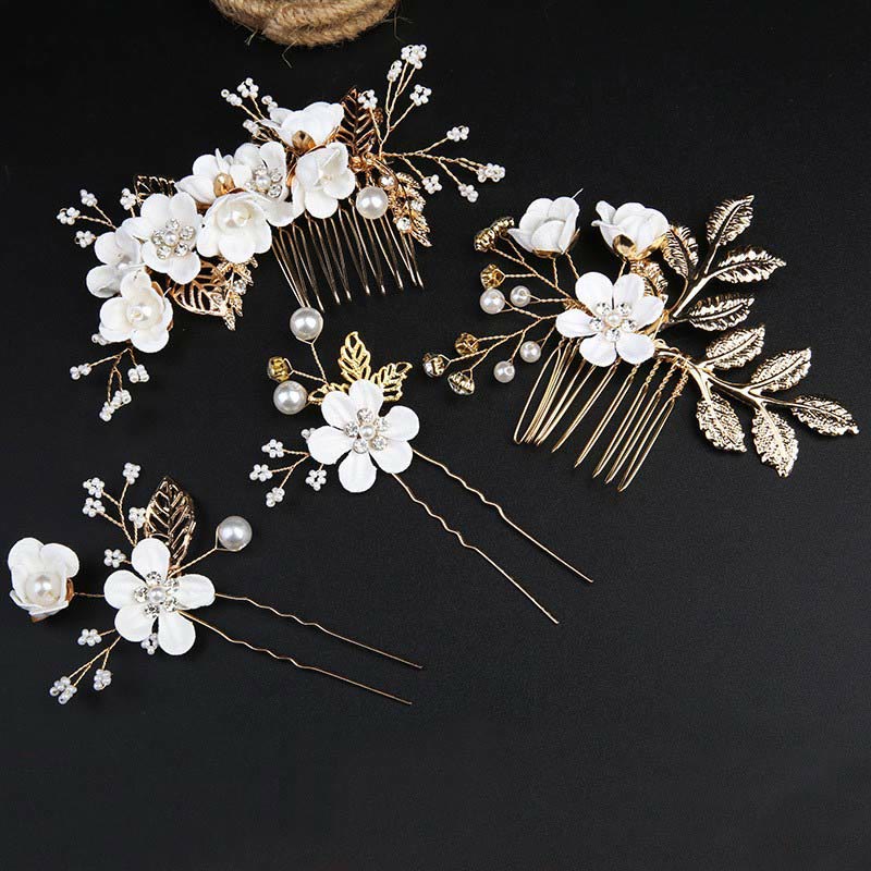 Golden Leaf Flower Pearl Chinese Hairpin Set - 4pcs Comb