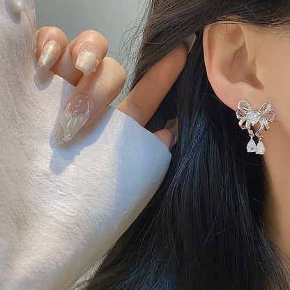 Heart Ribbon Earrings in Silver