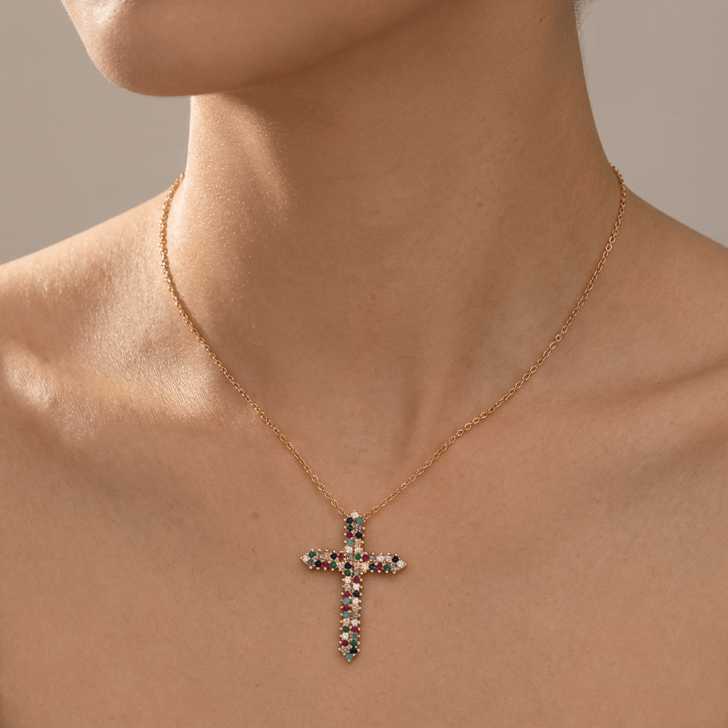 Zircon Rainbow Cross Necklace