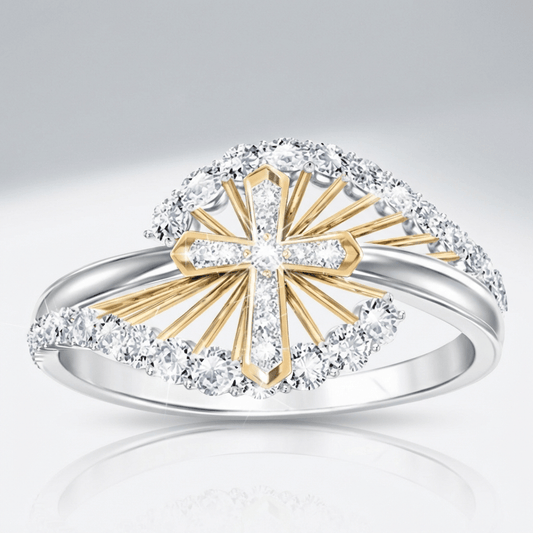 Two-tone Cross Silver Ring With Zircon Stones