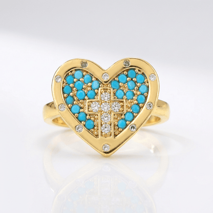 Colorful Heart & Cross Silver Ring - (adjustable)