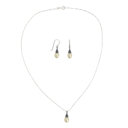 Antiqued Sterling Silver Crystal Marcasite Pearl Pendant Necklace and Earring Jewelry Set