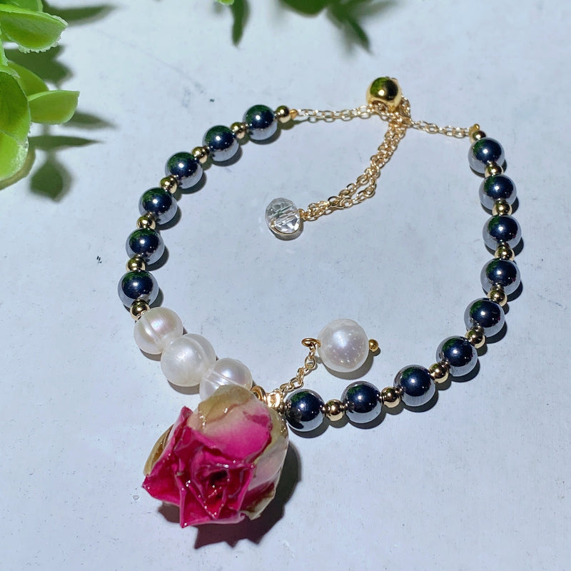 Mixed Crystal Healing Bracelet With Pearl Rose Flower Accent