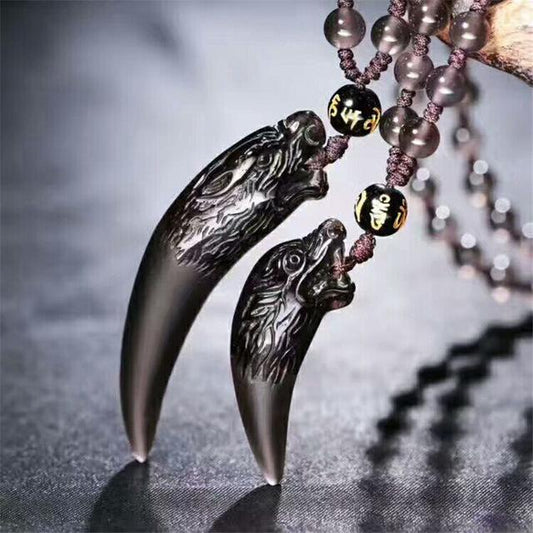 Ice Black Obsidian Wolf Fang Necklace