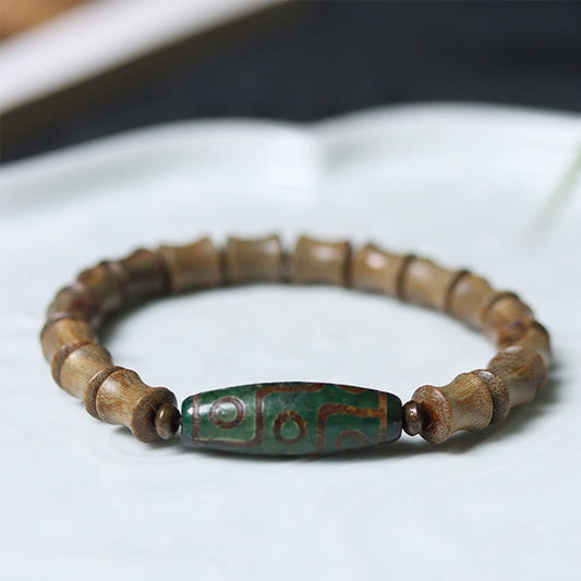 Nine-eye Dzi Bead Green Sandalwood Spiritual Bracelet 14-16cm