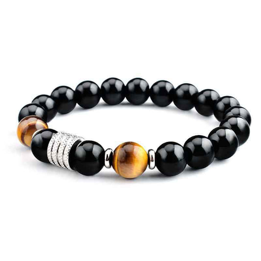 Obsidian Bracelet 10mm With Tiger Eye for Strength & Balance