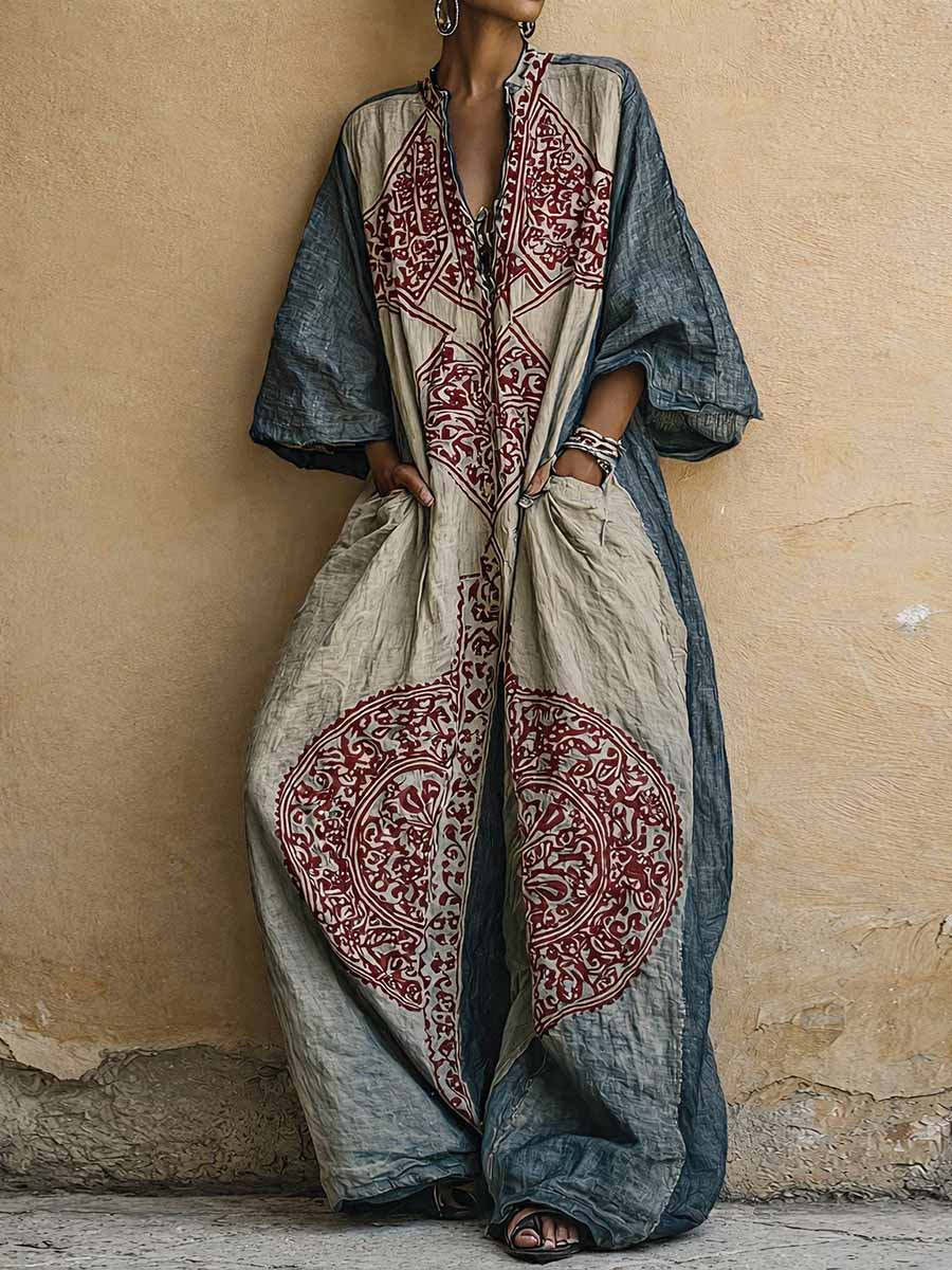 Print V-neck 3/4-sleeve Cotton-linen Jumpsuit