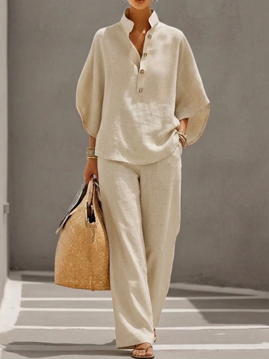 Batwing Sleeve Linen and Cotton Shirt and Trousers Two-piece Set