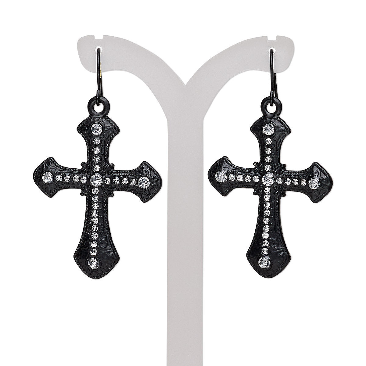Pair of Gothic Bling Crystal Black Cross Earrings With Rhinestones on Black Steel Hook Ear Wires