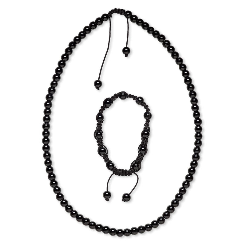 Natural Black Obsidian 8mm Bead Necklace and Bracelet Set, With Black Nylon Macrame Knot Closure, Adjustable