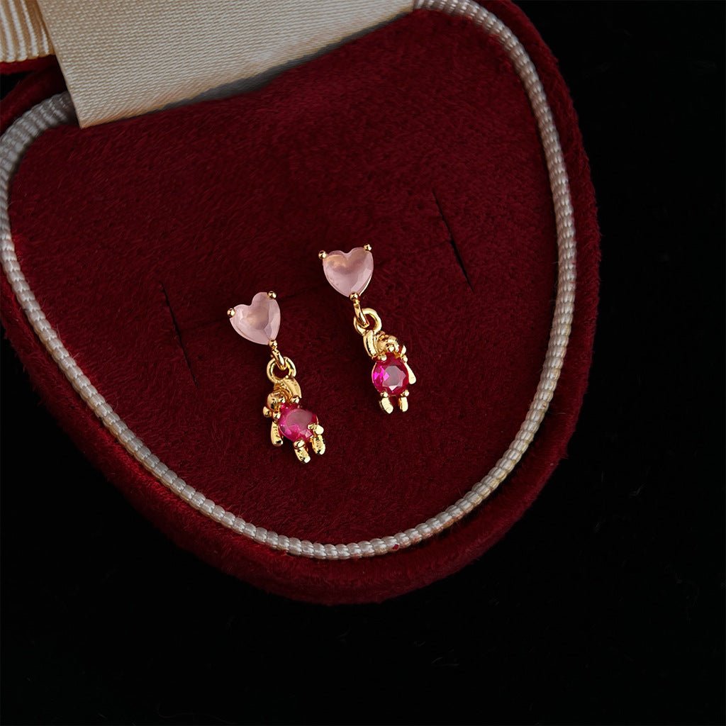 Pink Heart Teddy Earrings