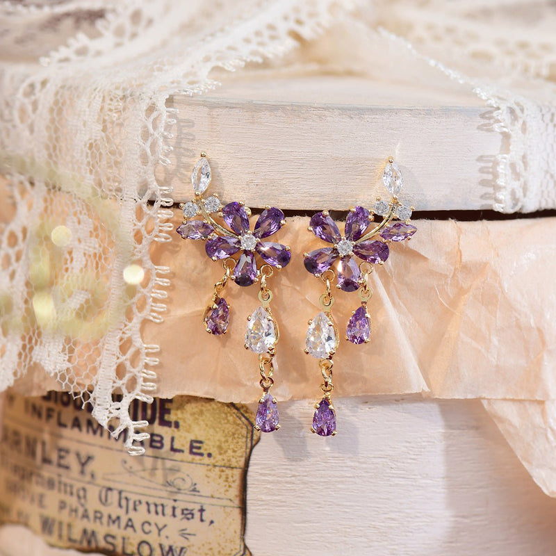 Purple Flower Drop Earrings