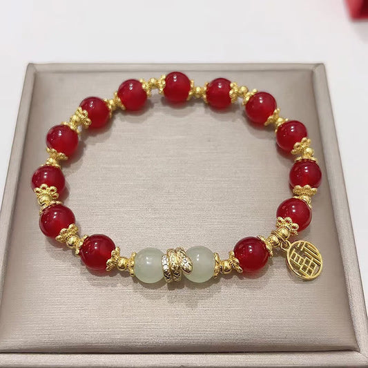 Red Agate Jade Fu Character Bracelet for Year of the Snake Calm Energy