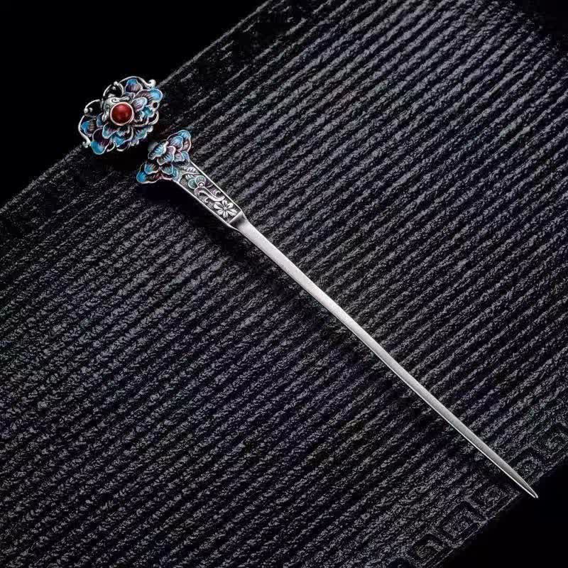 Red Agate Peony Flower Hairpin | Confidence & Calm 13.4cm