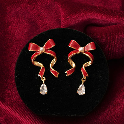 Red Bow Drop Earrings