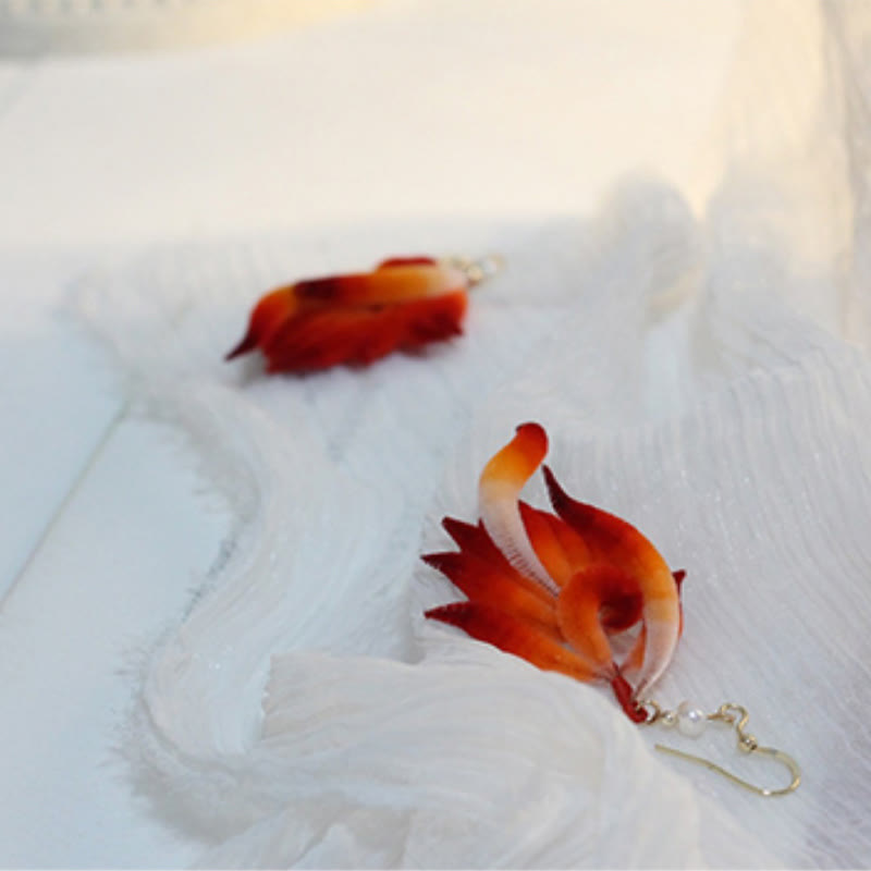 Red Feather Drop Earrings With 14k Gold & Silk