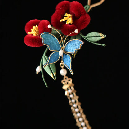 Red Flower Blue Butterfly Chinese Hairpin | Symbolic Hairpin