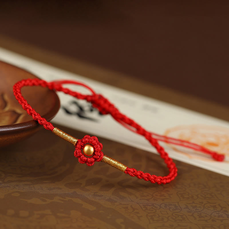 Red String Protection Bracelet With Gold Flower