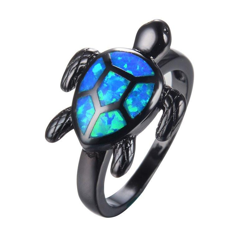 Blue Fire Opal Turtle Black Gold Ring