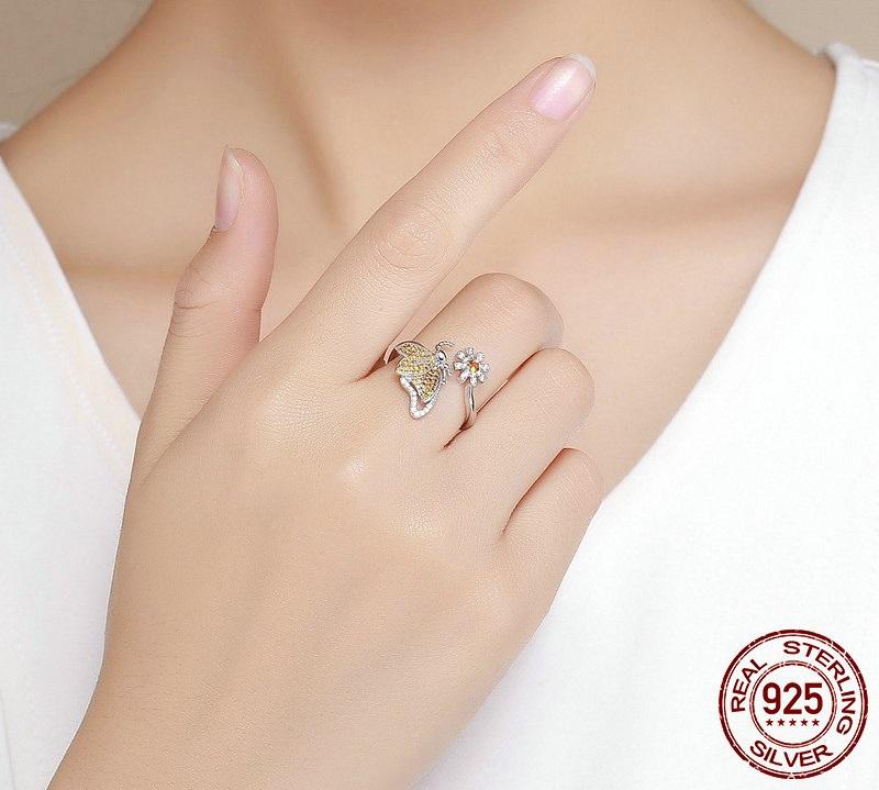 Butterfly & Daisy Sterling Silver Ring