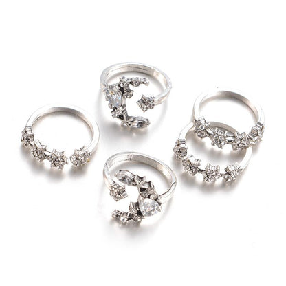 Celestial Crescent Moon & Stars Ring Set
