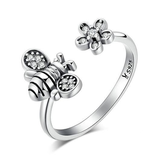 Flower & Bee Sterling Silver Open Ring
