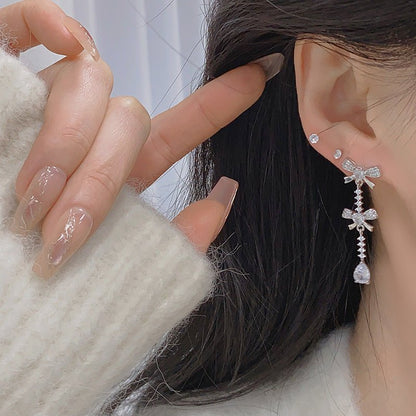Silver Bow Drop Earrings
