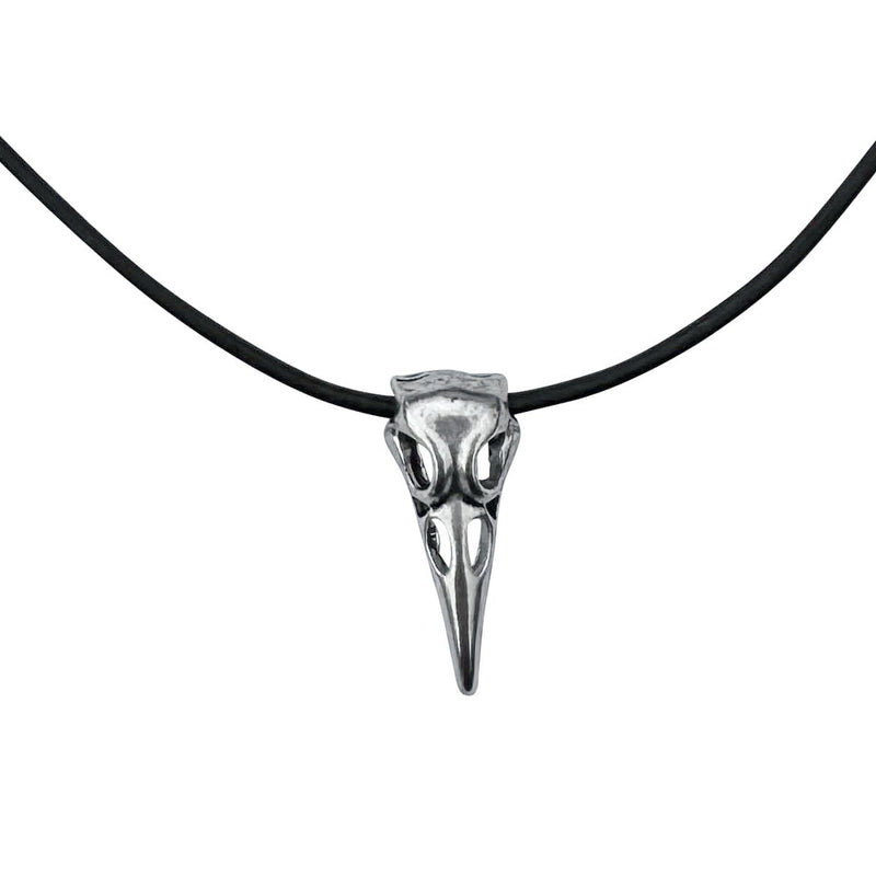 Silver Raven Skull on Fine Black Leather Necklace Cord - 18
